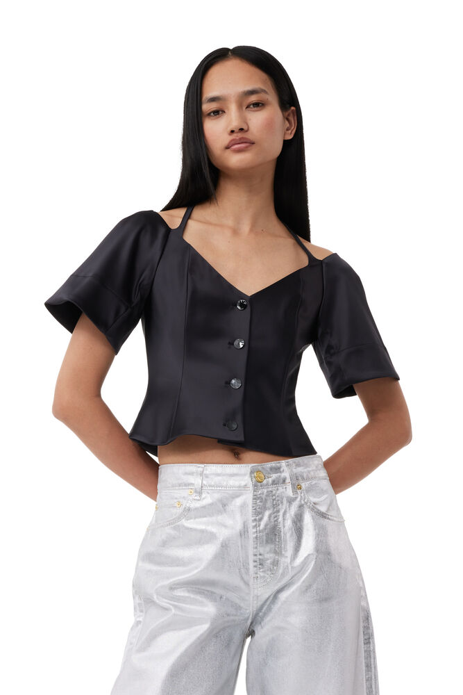 GANNI Black Double Satin Fitted Open-neck Blouse