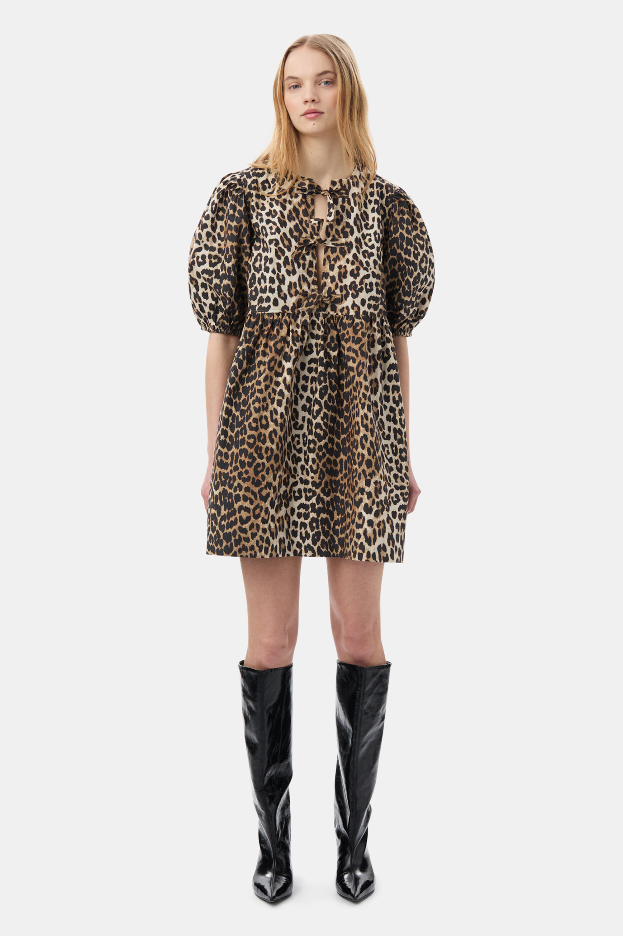 Leopard Leopard Printed Cotton Tie String Mini Dress | GANNI US