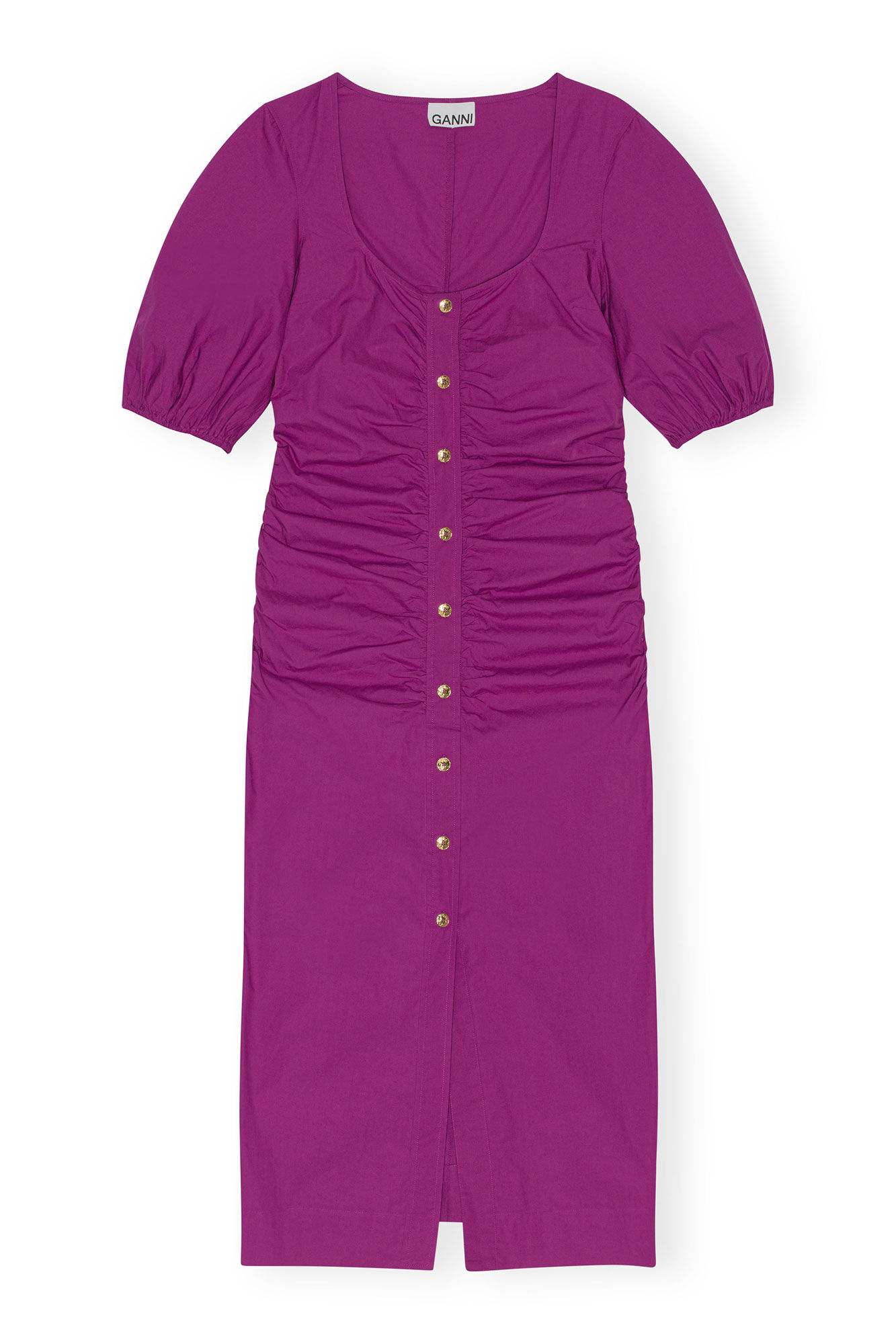 Cotton Poplin Gathered Open-neck Maxikjole, Cotton, in colour Purple Wine - 1 - GANNI