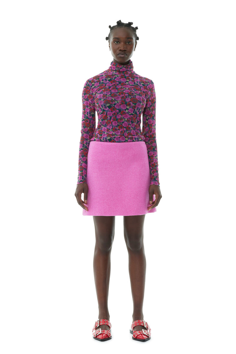 Pink Twill Wool Suiting Mini Skirt, Polyamide, in colour Fiji Flower - 2 - GANNI