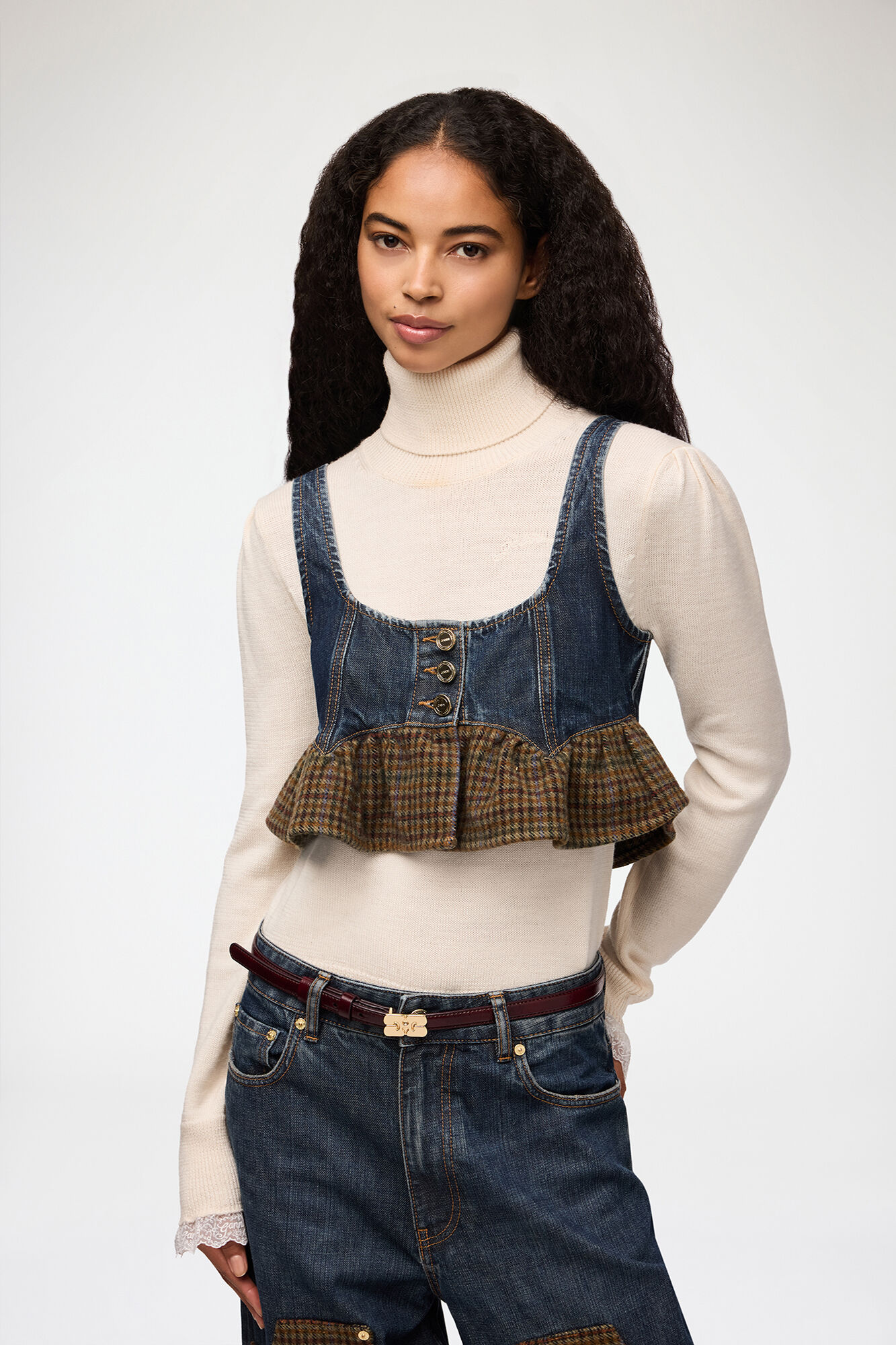 Top in Textured Slub Denim, Recycled Cotton, in colour Dark Blue Vintage - 1 - GANNI