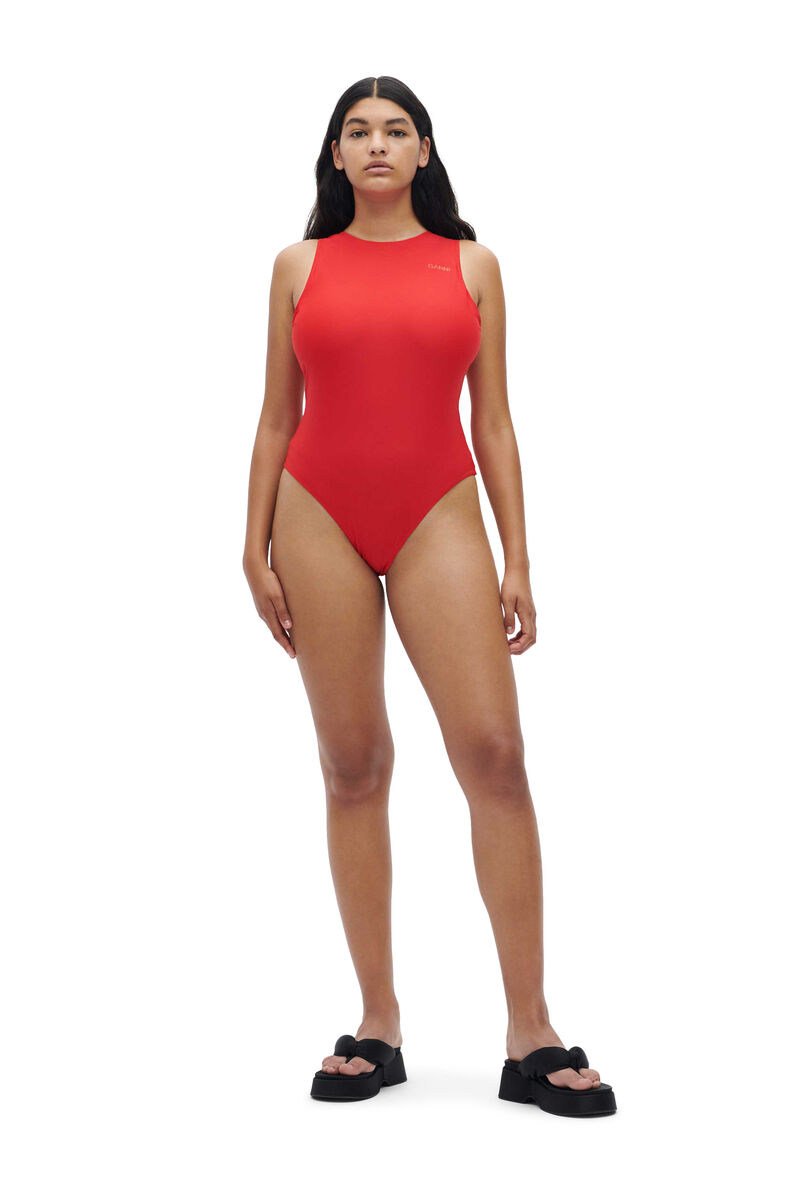 Recycled Solid Core Recycled Core Solid Sporty Swimsuit, Elastane, in colour High Risk Red - 1 - GANNI