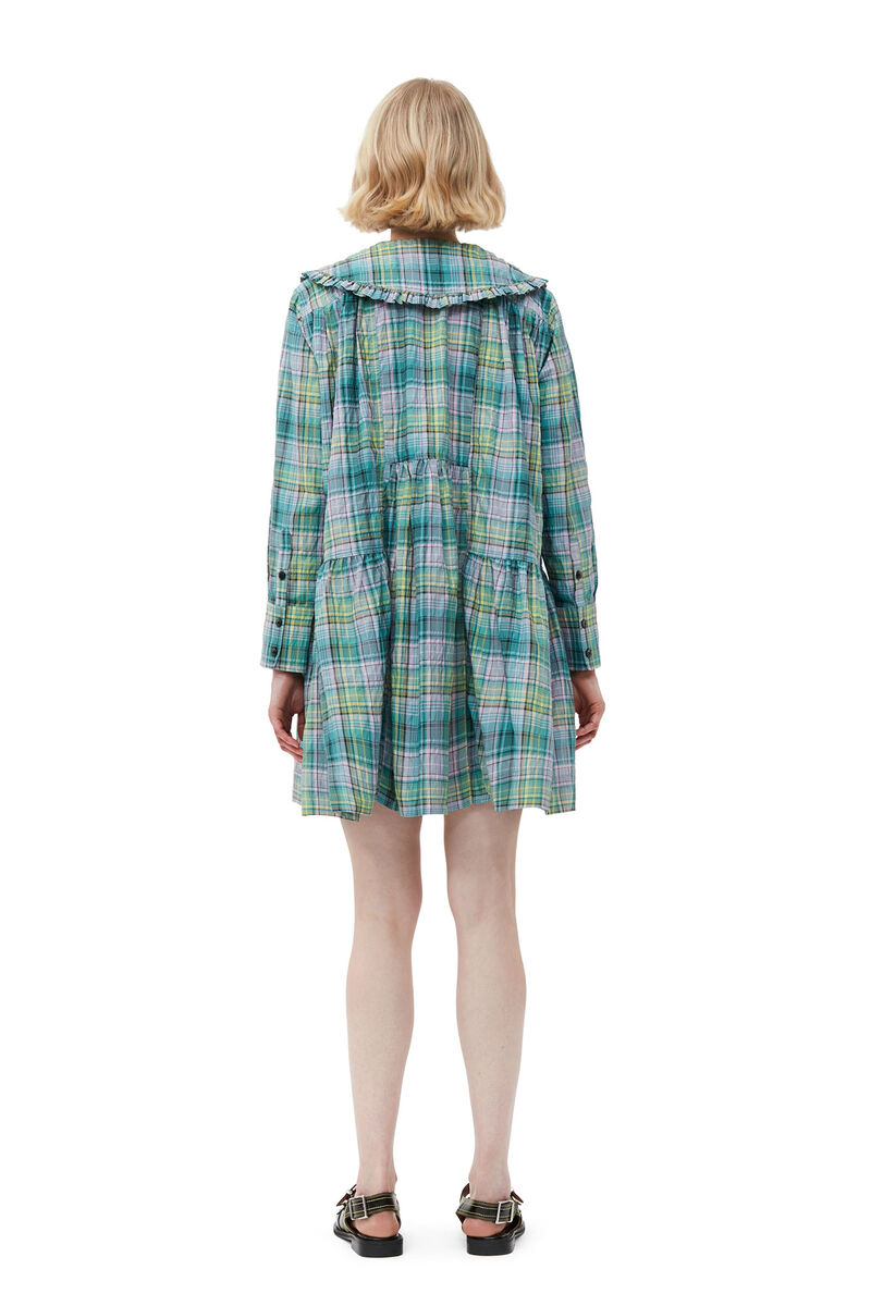 Seersucker Check Wide Shirt Dress, Organic Cotton, in colour Lagoon - 2 - GANNI