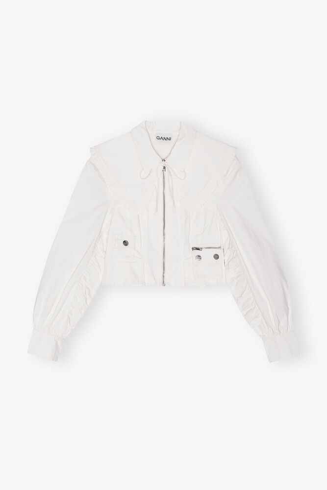White Washed Stretch Cotton Bomber Corset Shirt, Egret