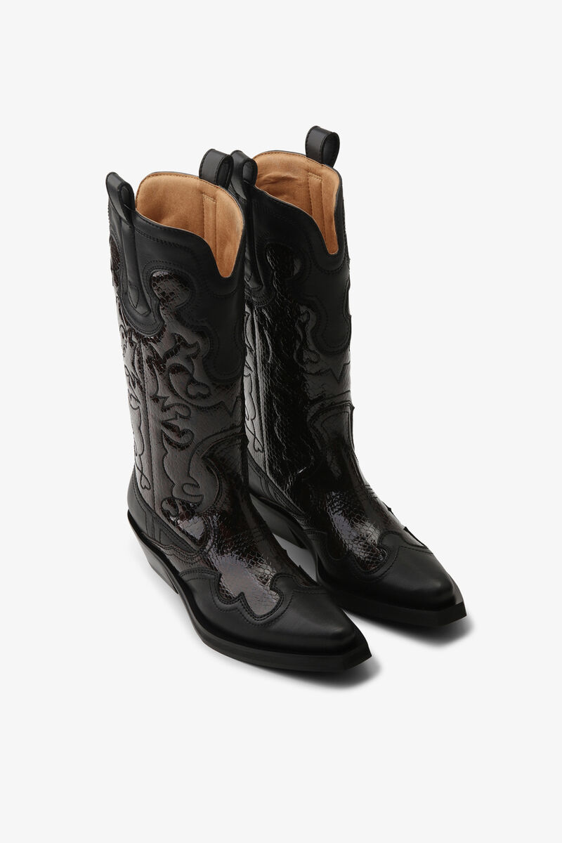 Mid Shaft Embroidered Western Boots in Burgundy, Recycled Leather, in colour Black/Dark Burgundy - 2 - GANNI