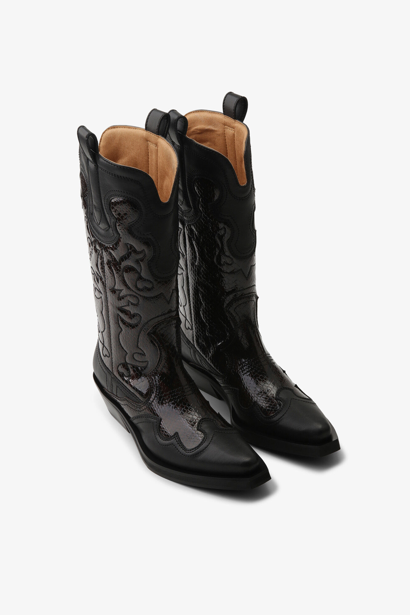 Mid Shaft Embroidered Western Boots in Burgundy, Recycled Leather, in colour Black/Dark Burgundy - 2 - GANNI