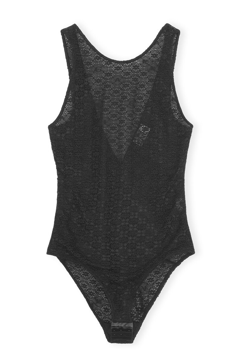 Spitzen-Bodysuit mit tiefem Rückenausschnitt, Elastane, in colour Black - 1 - GANNI