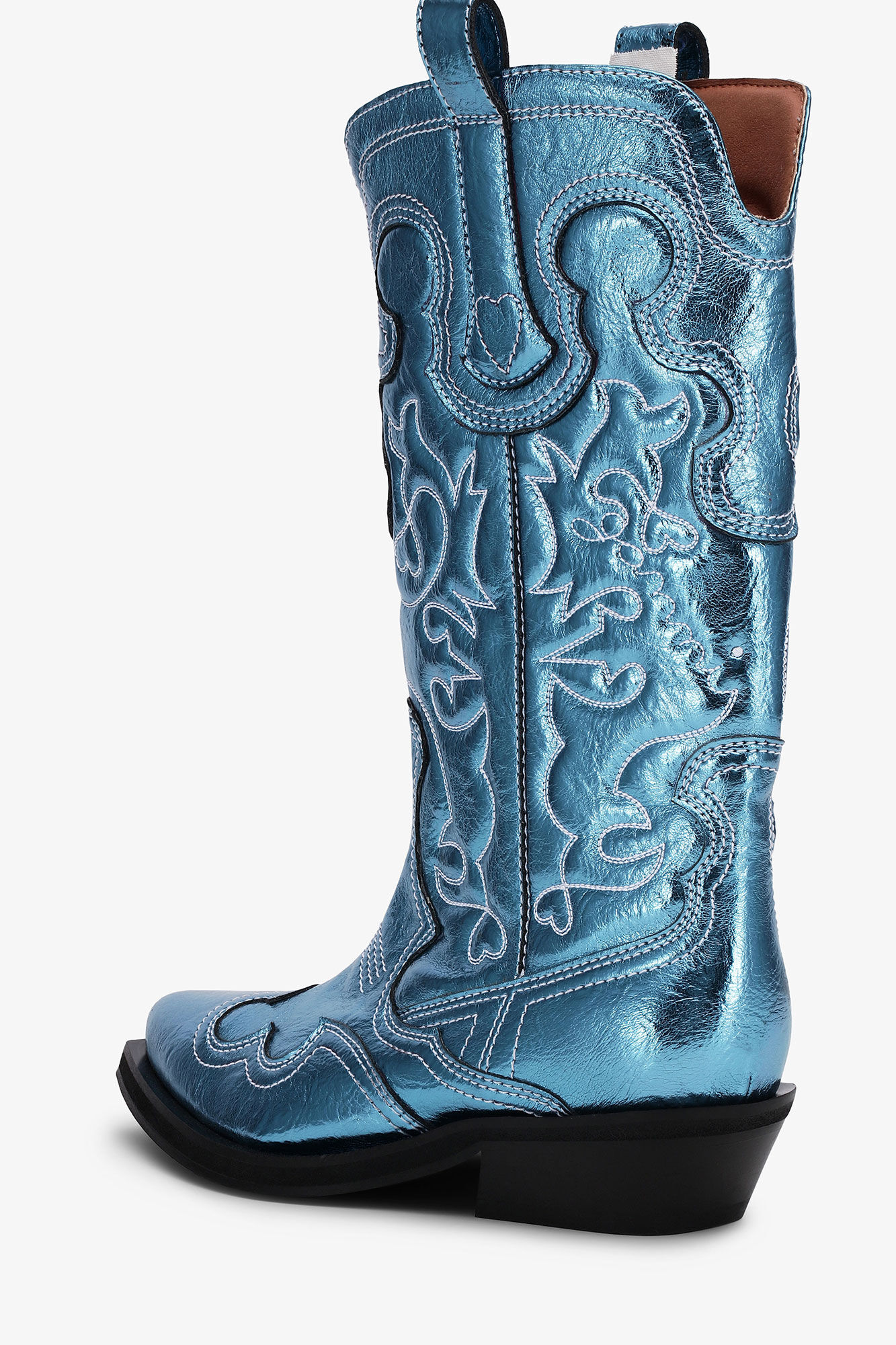 Blue Metallic Mid Shaft Embroidered Western Boots, Polyurethane, in colour Blue Curacao - 3 - GANNI