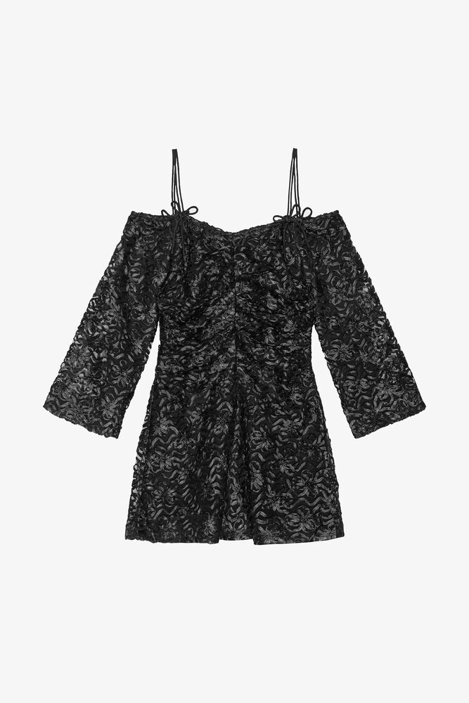 Black Ribbon Tulle Mini Dress, Black