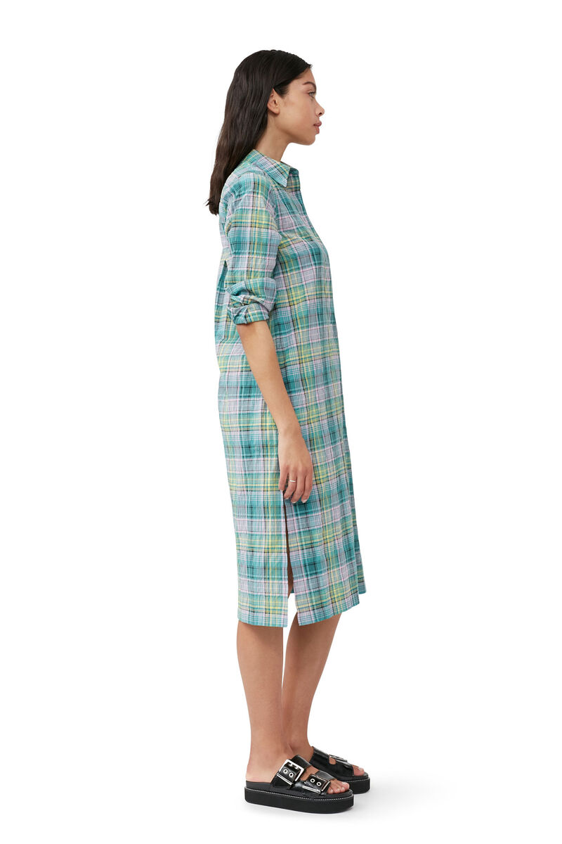 Seersucker Check Shirt Dress, Organic Cotton, in colour Lagoon - 3 - GANNI