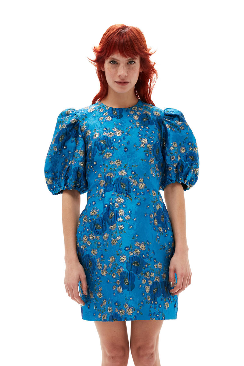 3D Jacquard Open Back Mini Dress, Elastane, in colour Brilliant Blue - 3 - GANNI
