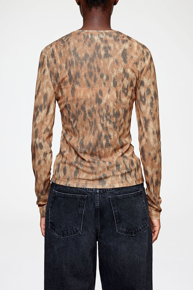 Long-sleeve Top in Printed Marl Mesh, Recycled Polyester, in colour Burro - 3 - GANNI