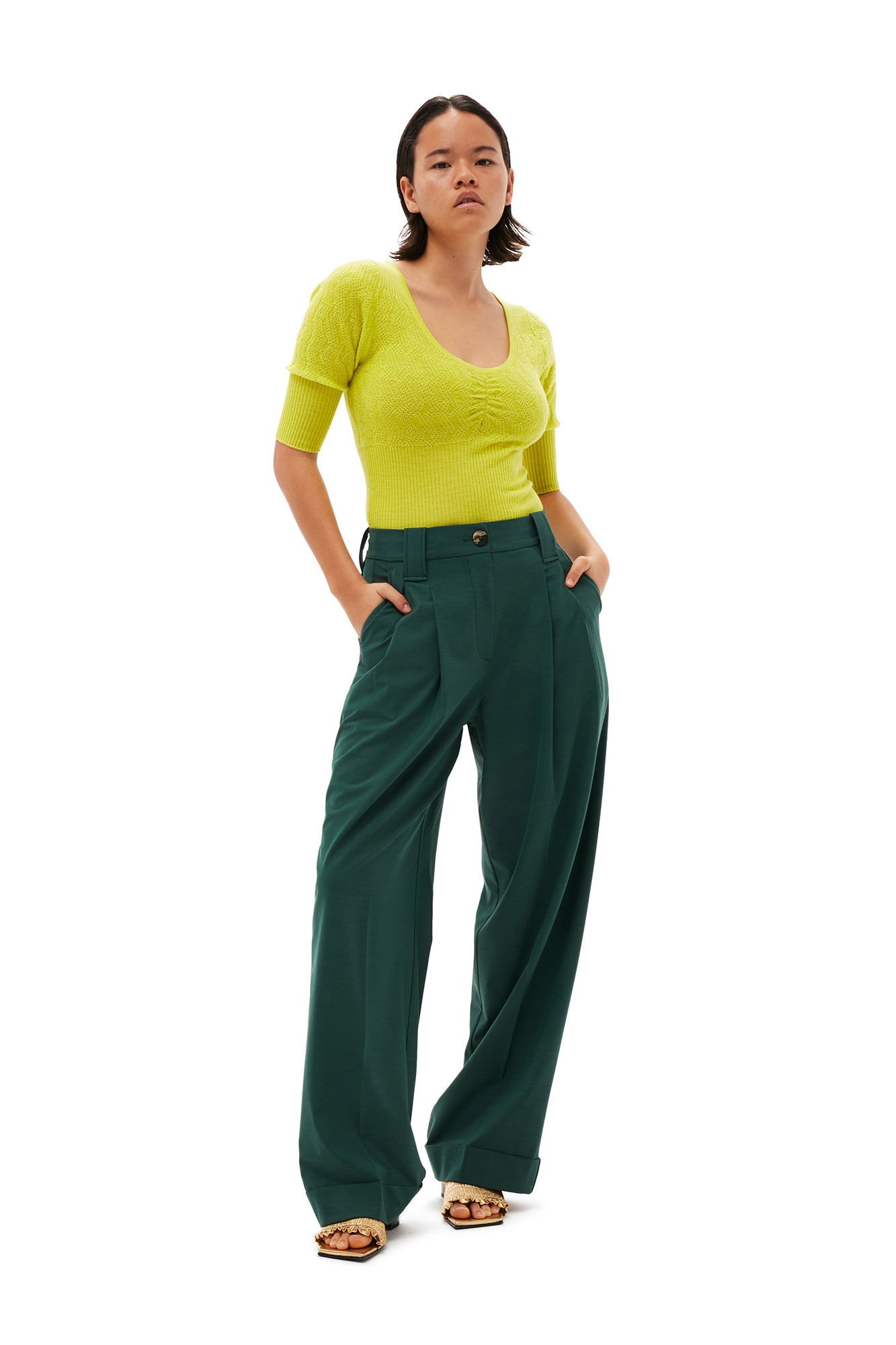 Drapey Melange Pleat Pants, Elastane, in colour Trekking Green - 1 - GANNI