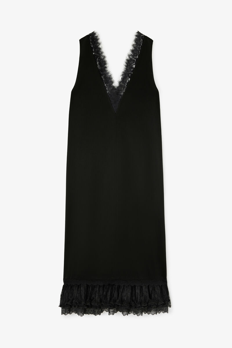 Long Dress in Lace Satin, Acetate, in colour Black - 1 - GANNI
