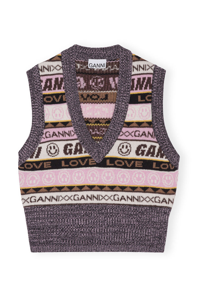 Graphic V-neck Vest, Recycled Polyamide, in colour Petrified Oak - 1 - GANNI