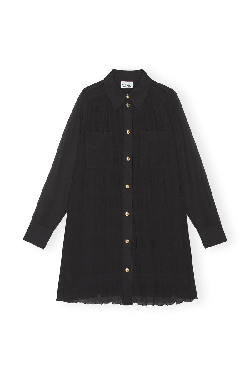 Robe chemise en georgette plissée noire, Recycled Polyester, in colour Black - 1 - GANNI