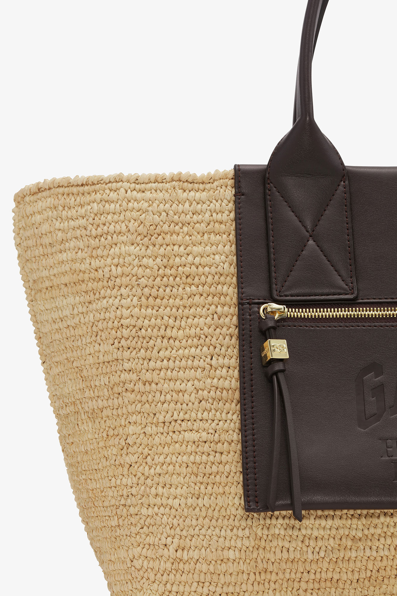 Brown Medium Raffia Tote, Raffia, in colour Seal Brown - 3 - GANNI