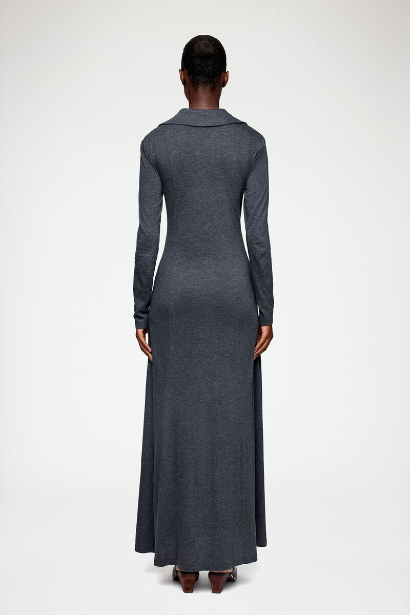 Long Dress in Grey Jersey, Modal, in colour Phantom - 2 - GANNI