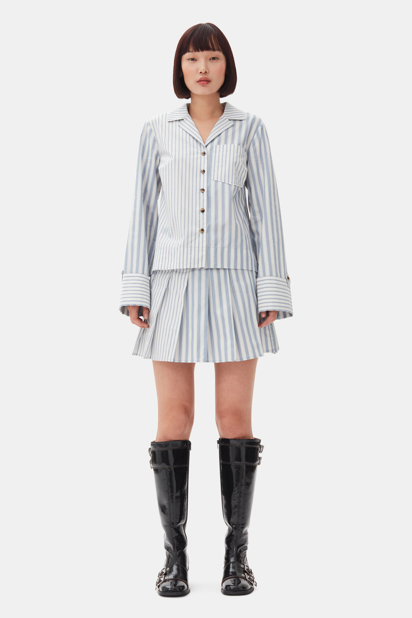 Blue Stripe Cotton Pleated Mini Skirt, Cotton, in colour Egret - 1 - GANNI