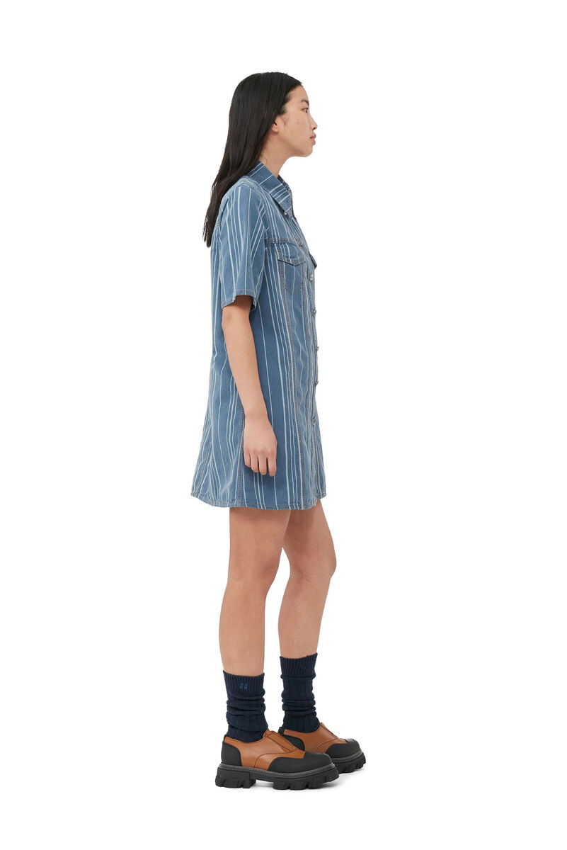Light Stripe Denim Mini Dress, Cotton, in colour Mid Blue Stone - 2 - GANNI
