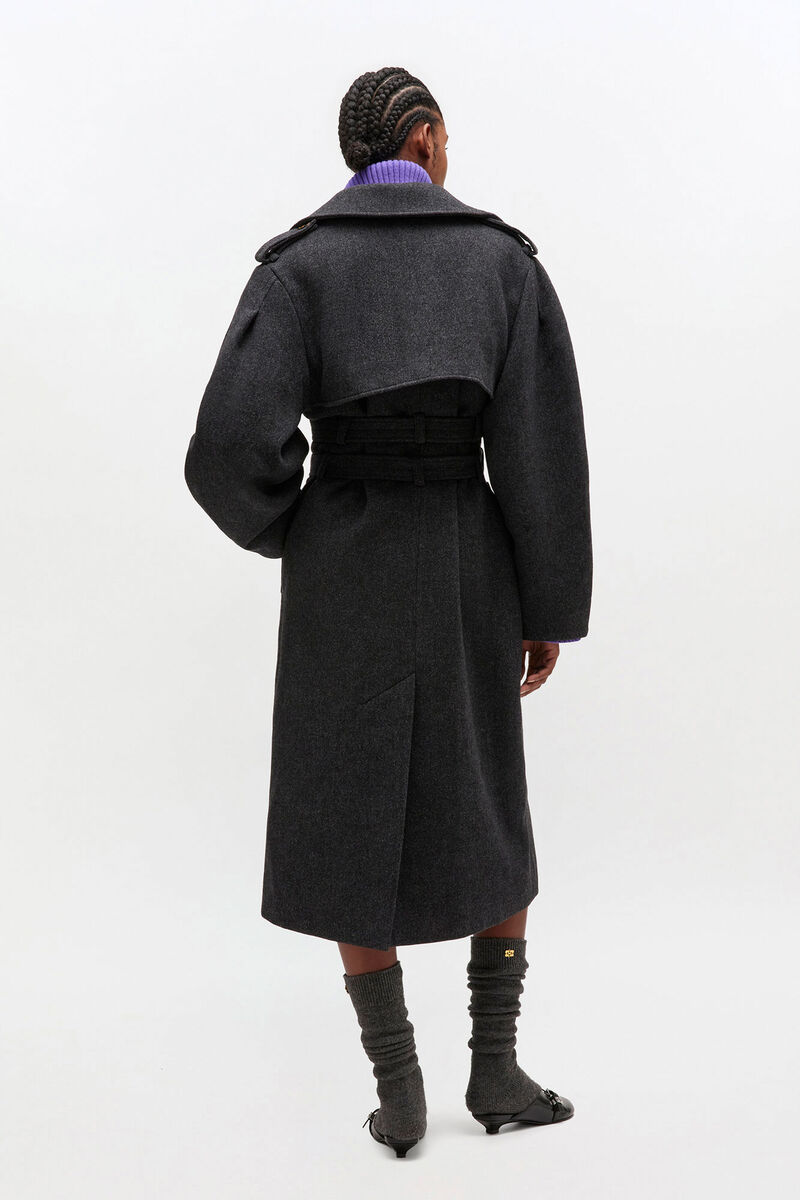 Grey Wool Trench Coat, in colour Phantom - 2 - GANNI