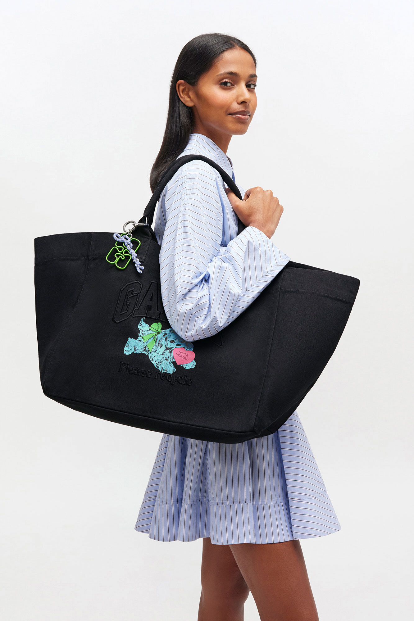 Black Puppy XXL Canvas Tote Bag, Recycled Cotton, in colour Phantom - 4 - GANNI