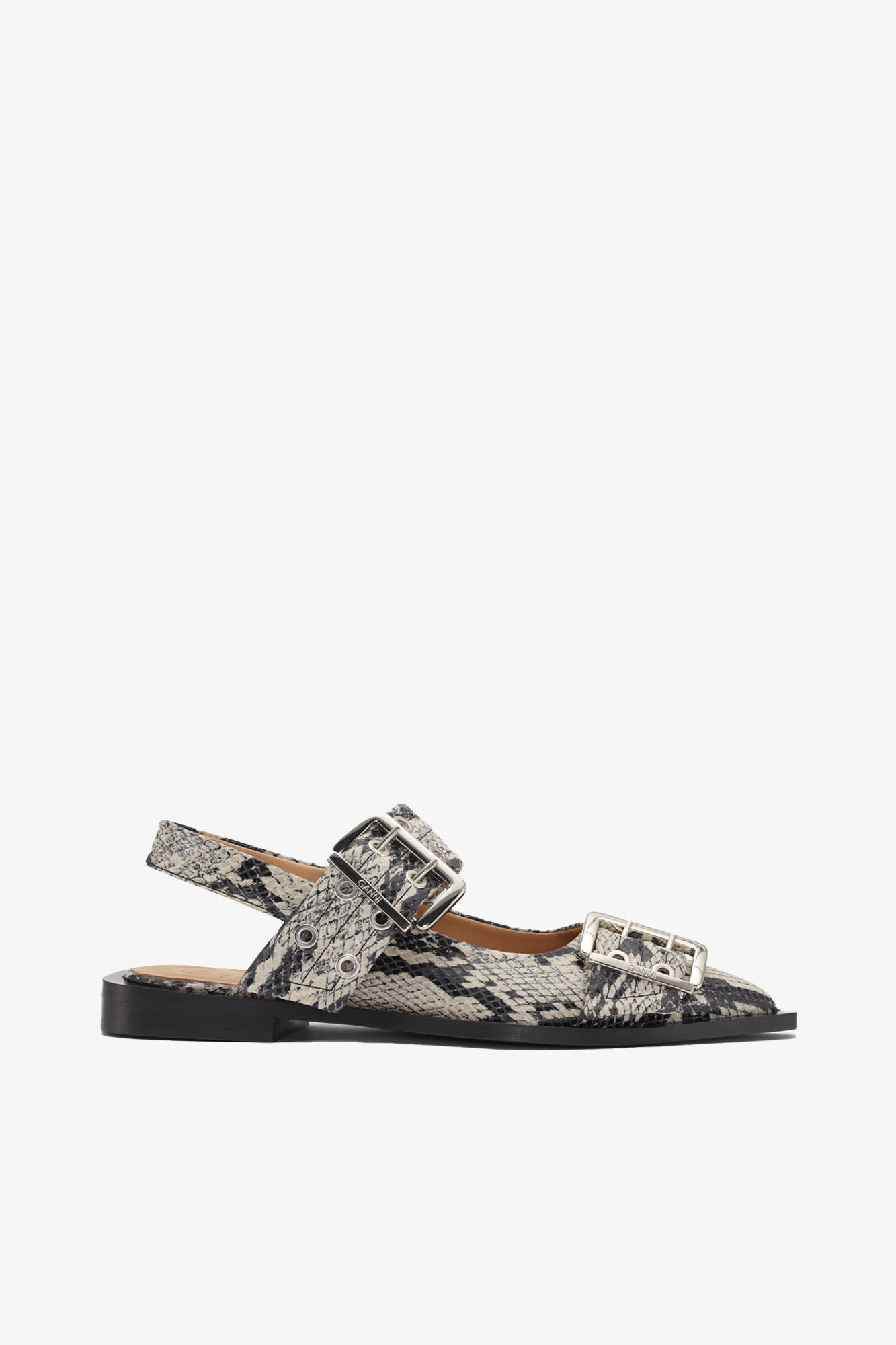 Snake Printed Chunky Buckle Ballerinas, Recycled Polyester, in colour Sand - 1 - GANNI