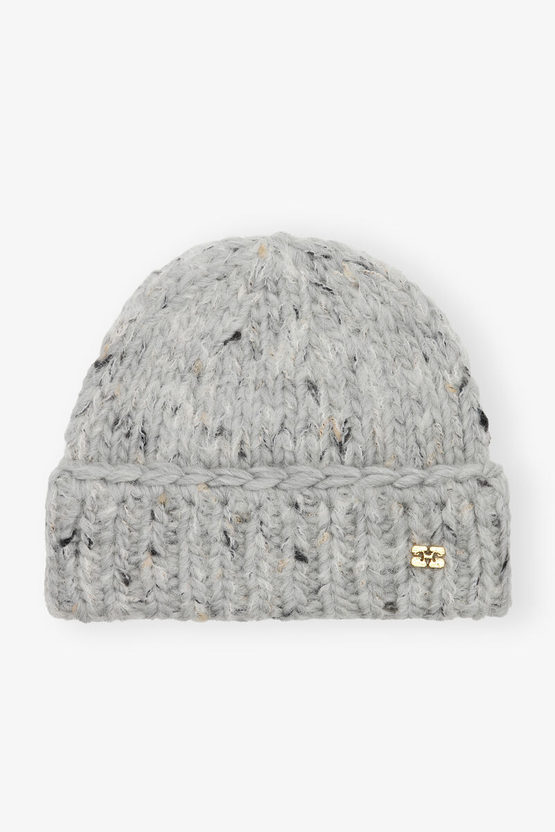 Grey Chunky Handknit Beanie, Acryl, in colour Paloma Melange - 1 - GANNI