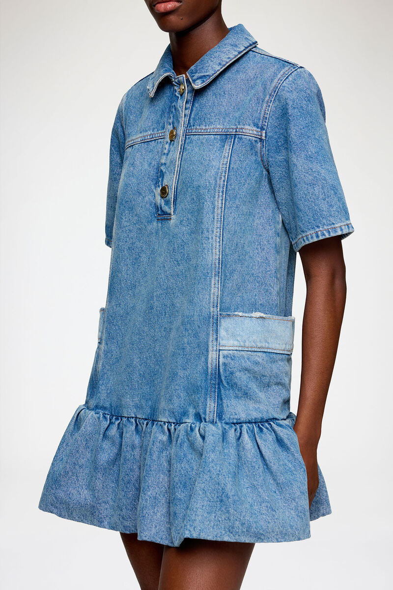Dress in Patchwork Denim, Organic Cotton, in colour Mid Blue Vintage - 3 - GANNI