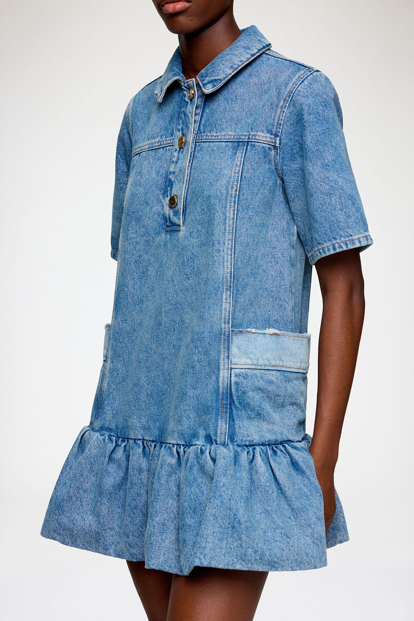 Dress in Patchwork Denim, Organic Cotton, in colour Mid Blue Vintage - 3 - GANNI