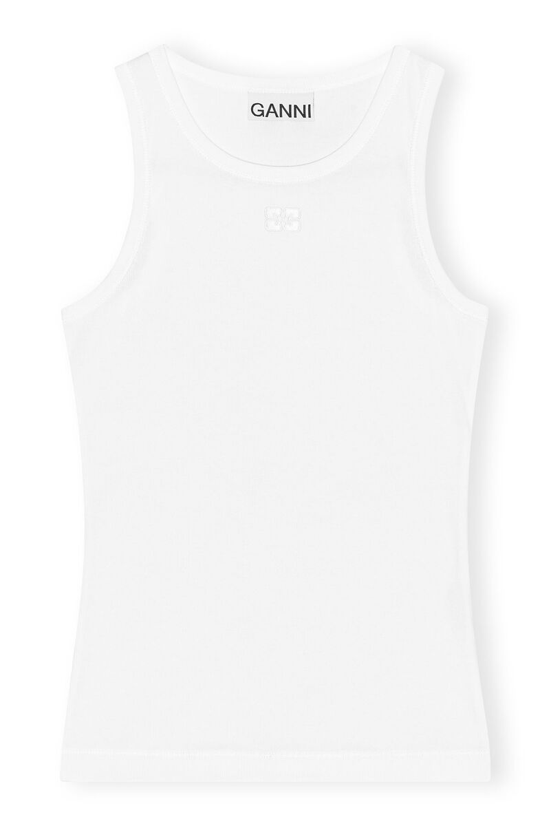 White Soft Cotton Rib Tank Top, Elastane, in colour Bright White - 1 - GANNI