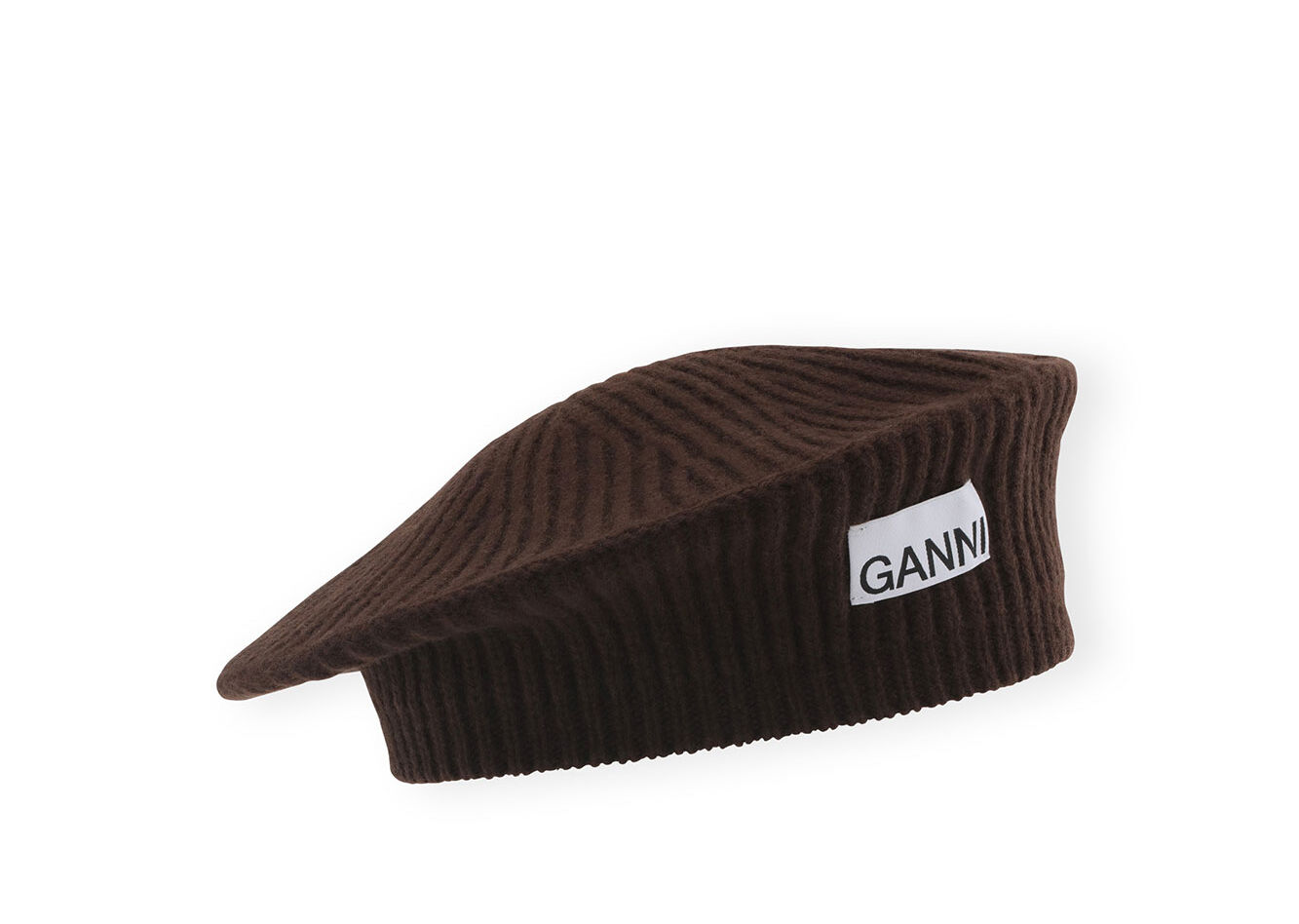 Brown Structured Rib Beret, Recycled Polyamide, in colour Hot Fudge - 1 - GANNI