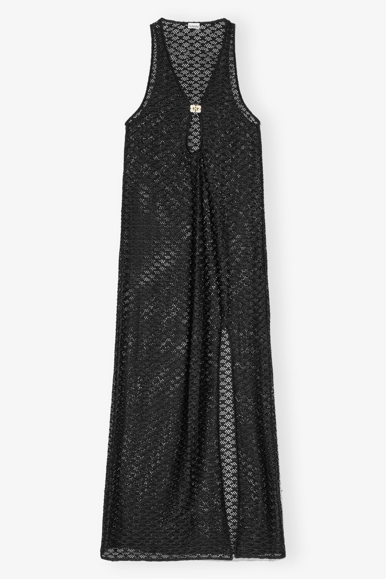 Black Mesh Lace Long Dress, Elastane, in colour Black - 1 - GANNI