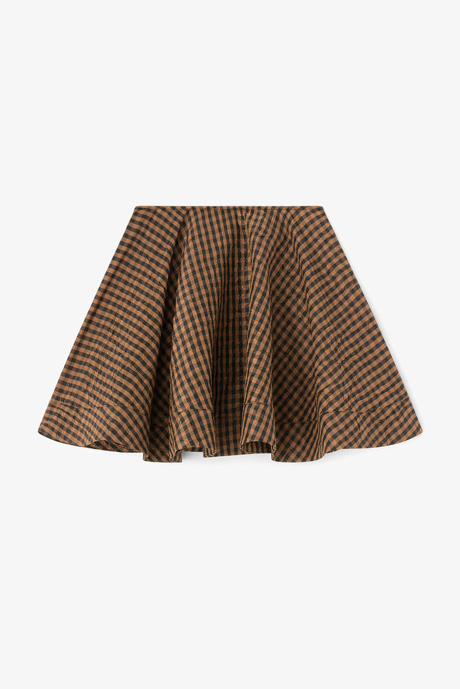 Crinkled Check Mini Circle Skirt, Tobacco Brown