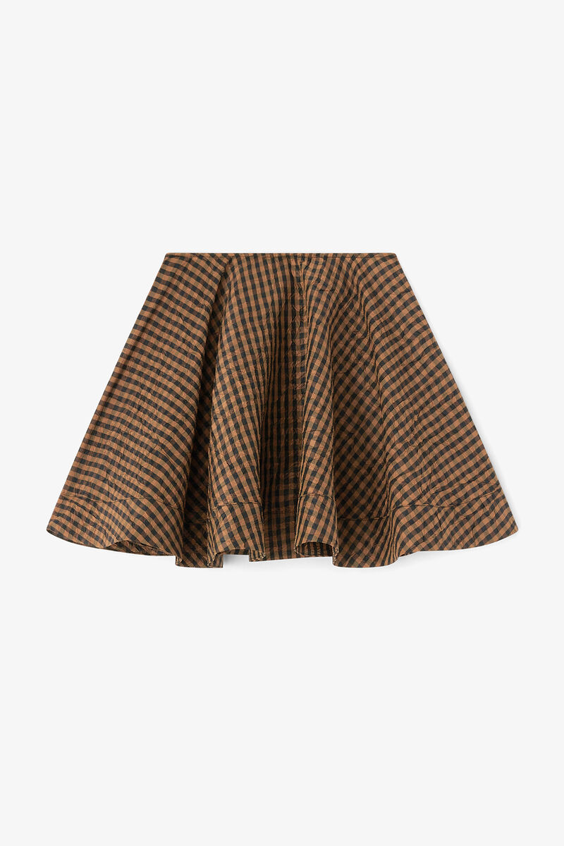 Crinkled Check Mini Circle Skirt, Recycled Polyester, in colour Tobacco Brown - 1 - GANNI