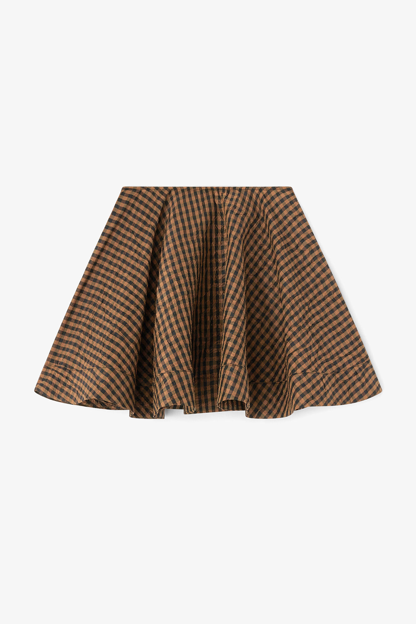 Crinkled Check Mini Circle Skirt, Recycled Polyester, in colour Tobacco Brown - 1 - GANNI
