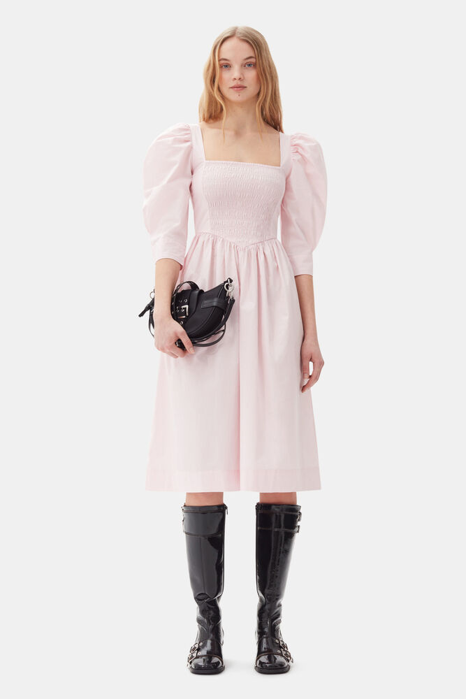 Pink Cotton Poplin Open Neck Smock Dress, Chalk Pink
