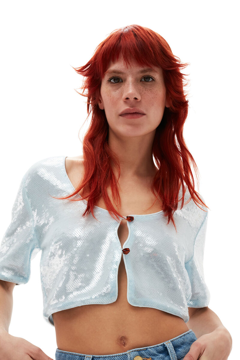 Light Sequins blus, Recycled Polyester, in colour Ice Water - 1 - GANNI