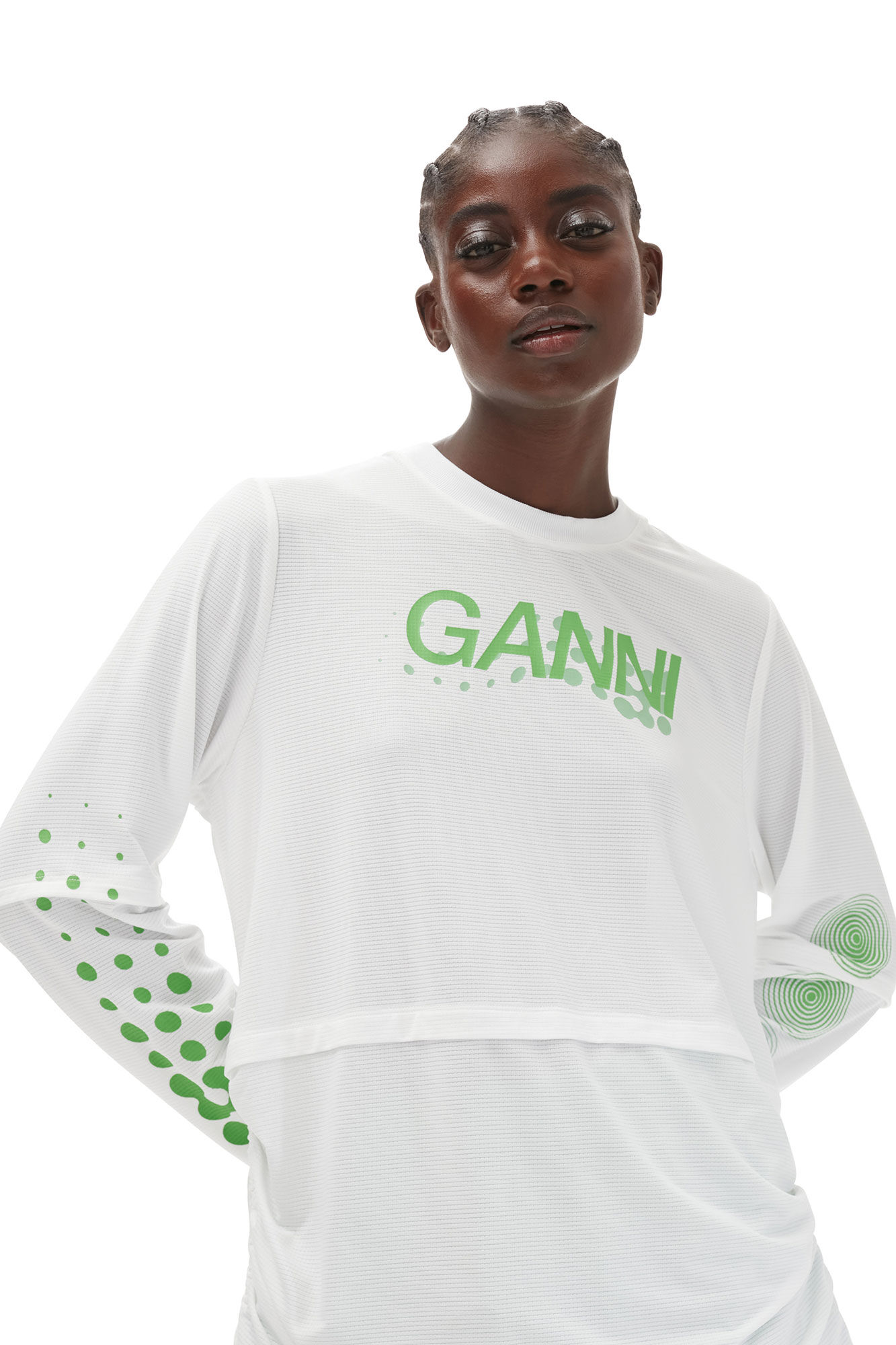 Active Mesh Layered Long Sleeve T-shirt, Elastane, in colour Bright White - 1 - GANNI