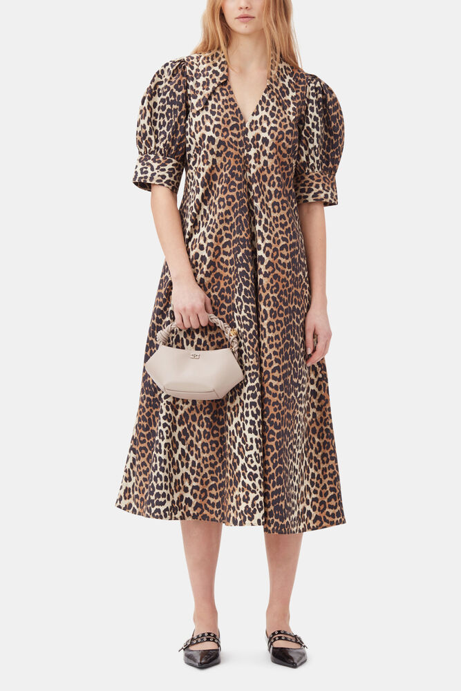 Leopard Cotton Poplin V-neck Maxi Dress, Leopard