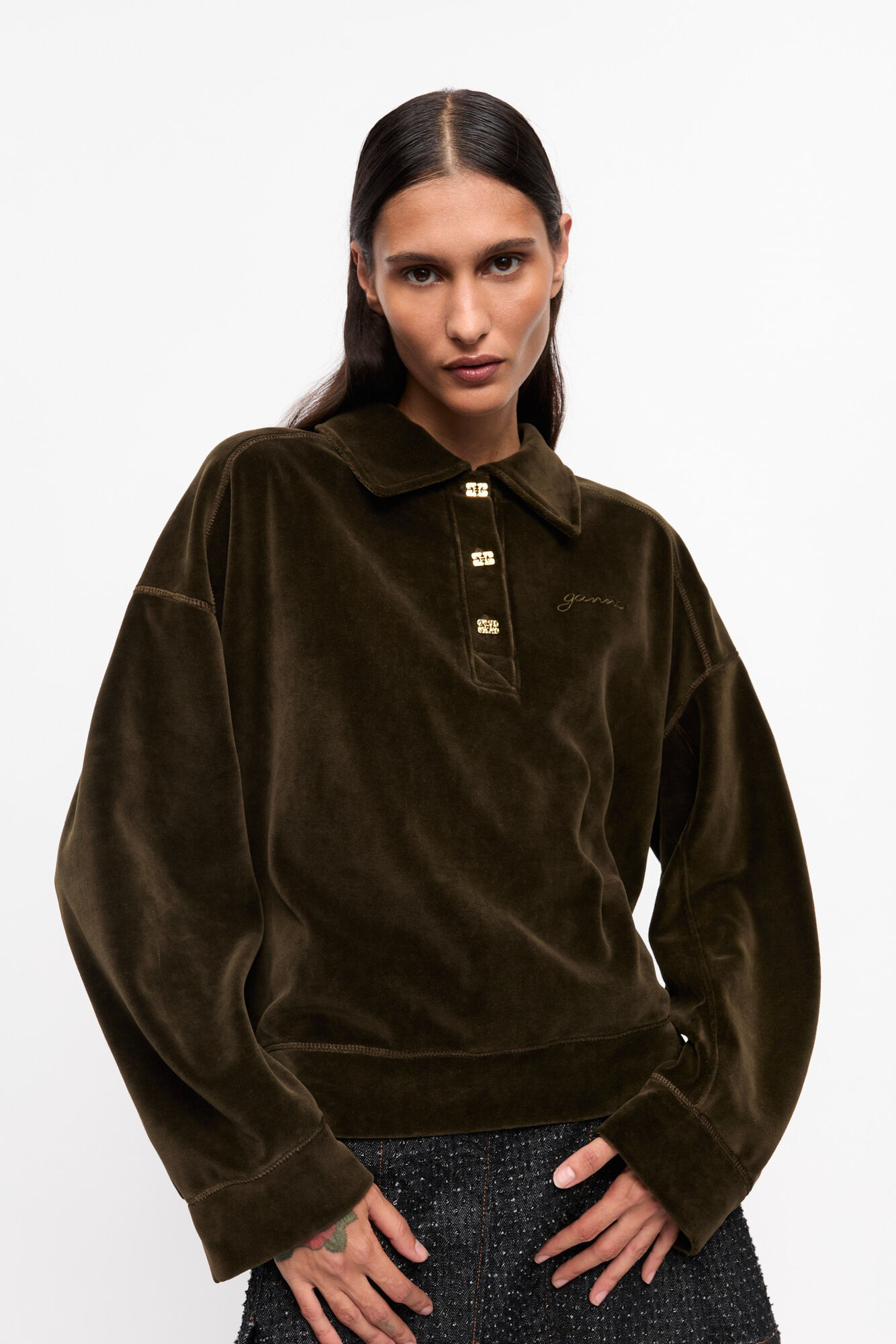 Green Velour Drop Shoulder Polo Shirt, Cotton, in colour Kalamata - 1 - GANNI