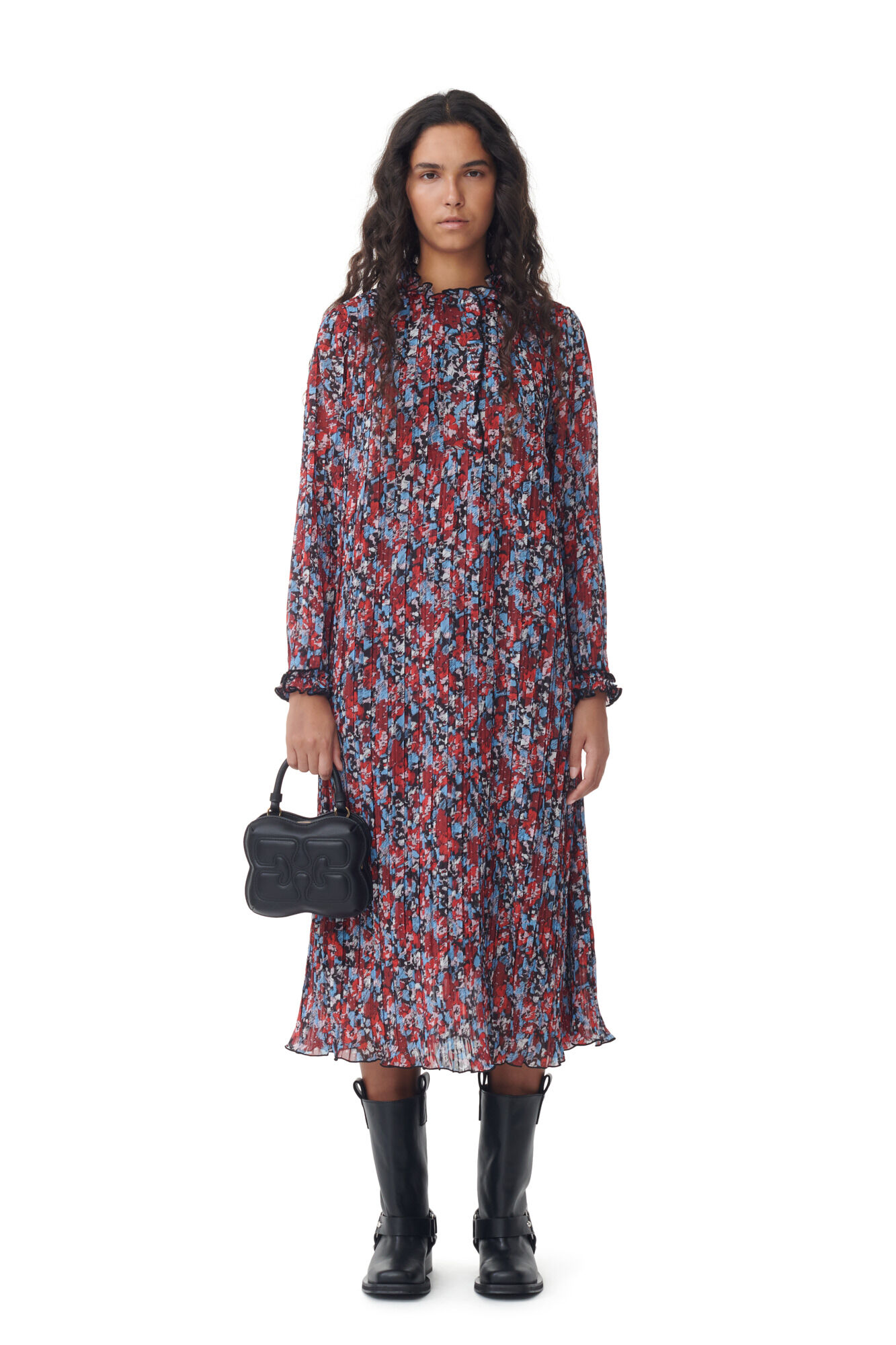 Red Pleated Georgette Midi Dress, Recycled Polyester, in colour High Risk Red - 1 - GANNI