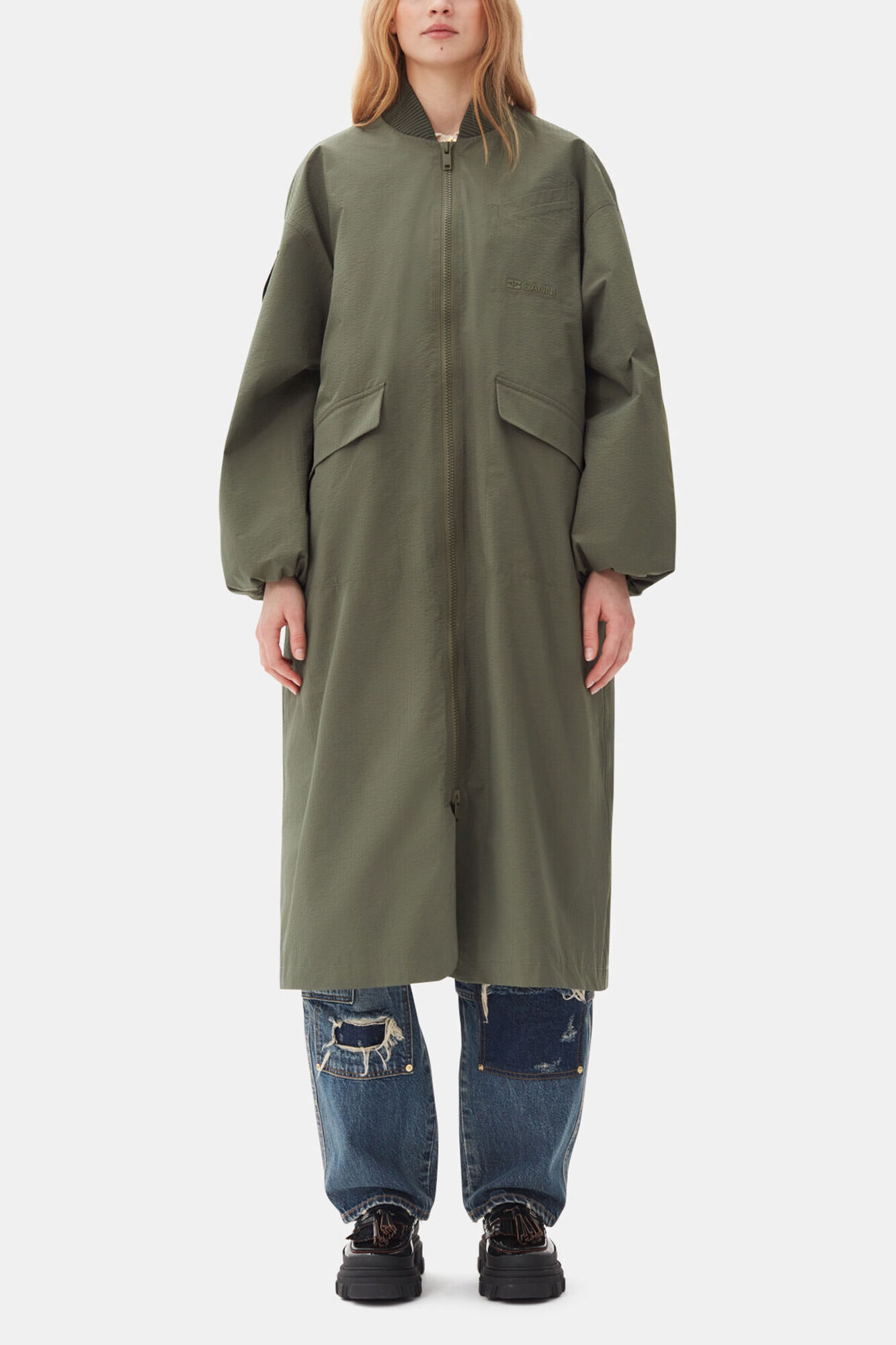 Green Tech Seersucker Oversized Shell Coat | GANNI US
