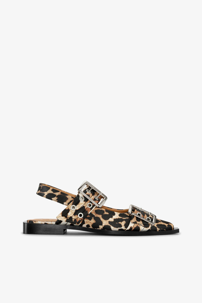 Feminine Buckle Ballerinas in Leopard Satin, Leopard