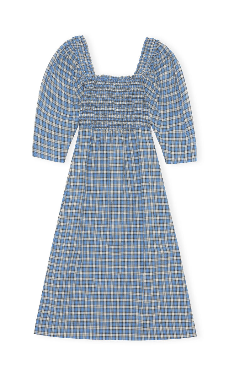 Seersucker Shirred Midi Dress, Cotton, in colour Check Azure Blue - 1 - GANNI