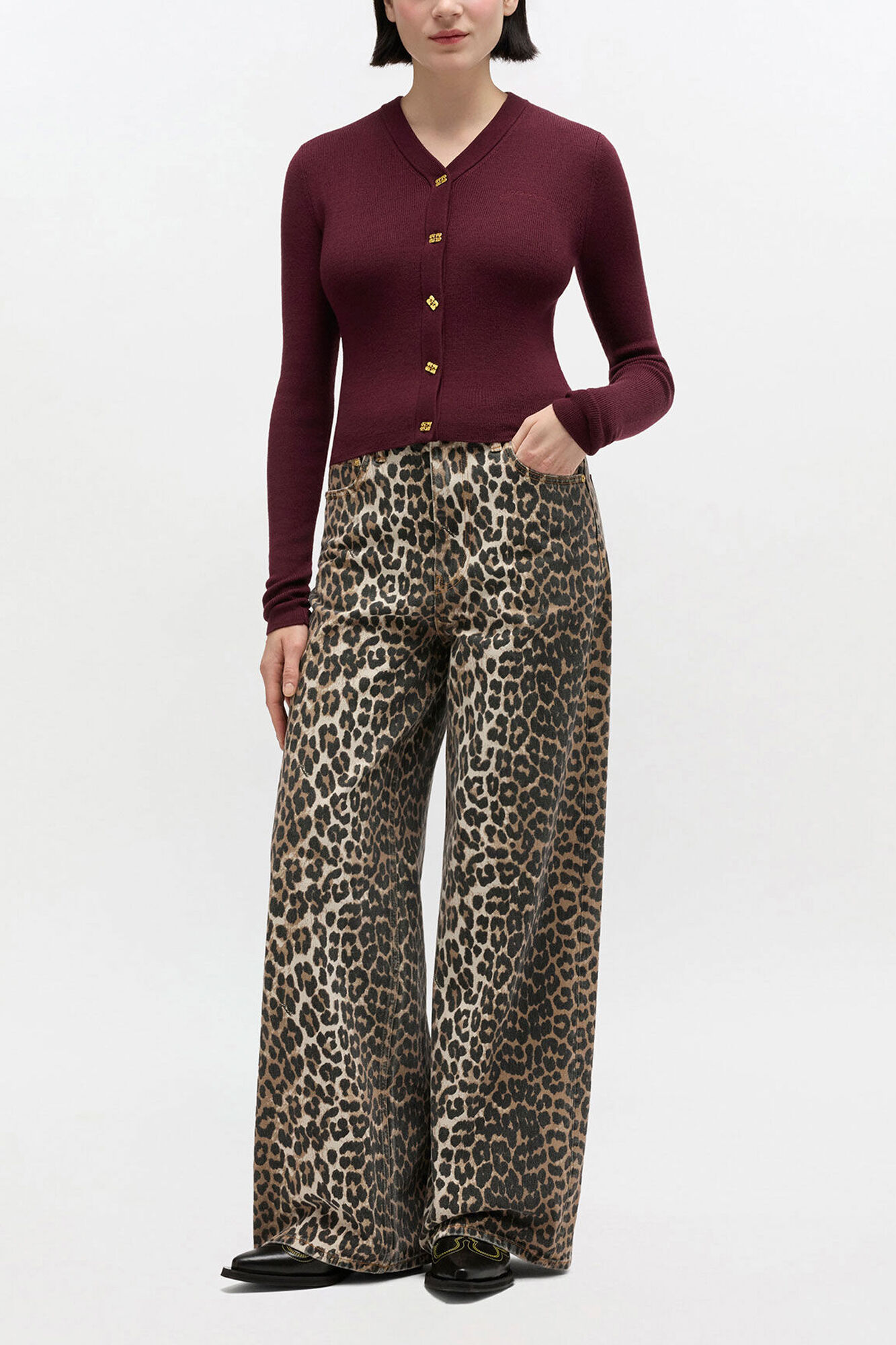 Ribbed V-Neck Cardigan, Wool, in colour Red Dahlia - 2 - GANNI