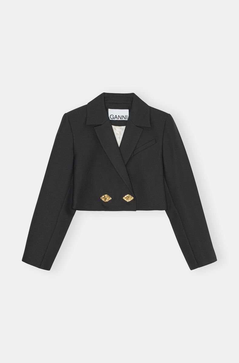 Double-Breasted Cropped Blazer, Recycled Polyester, in colour Black - 1 - GANNI