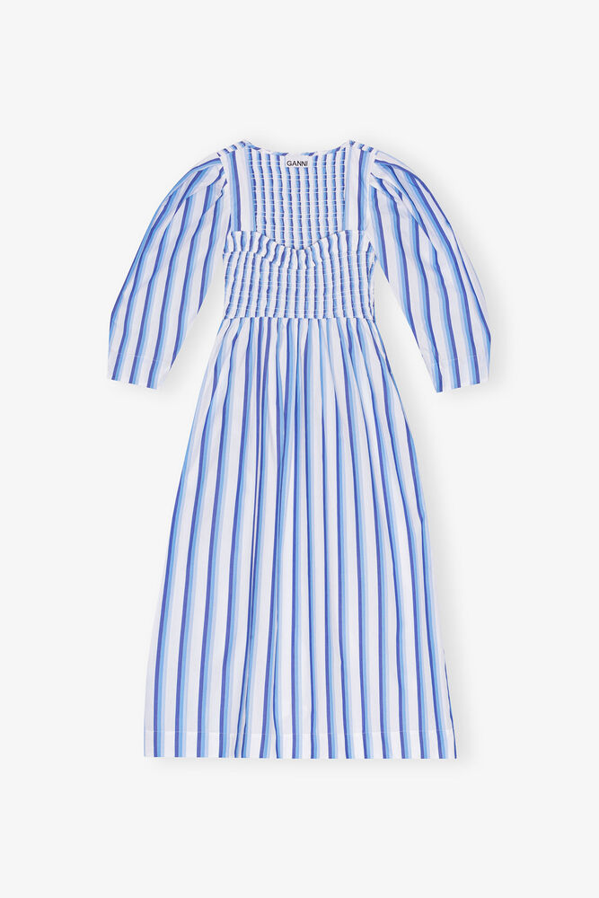 Blue Striped Cotton Smock Long Dress, Silver Lake Blue