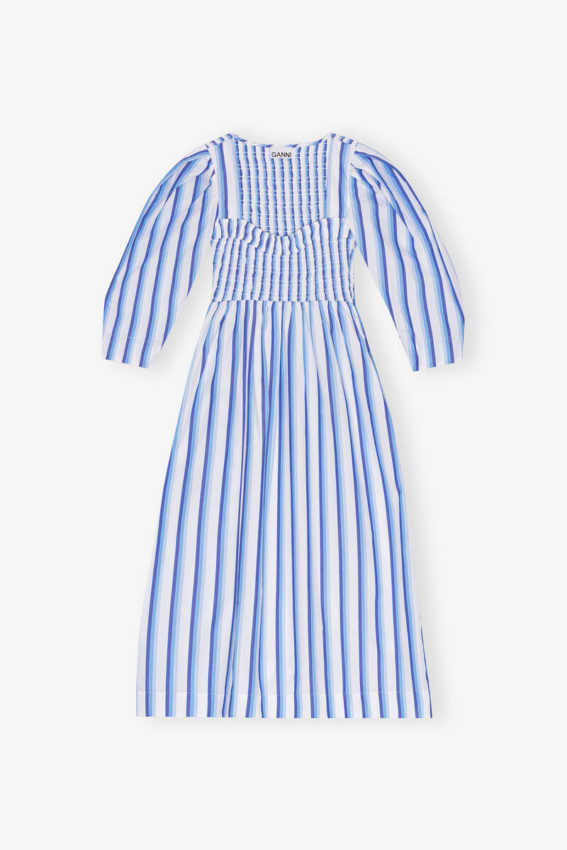 Blue Striped Cotton Smock Long Dress, Organic Cotton, in colour Silver Lake Blue - 1 - GANNI