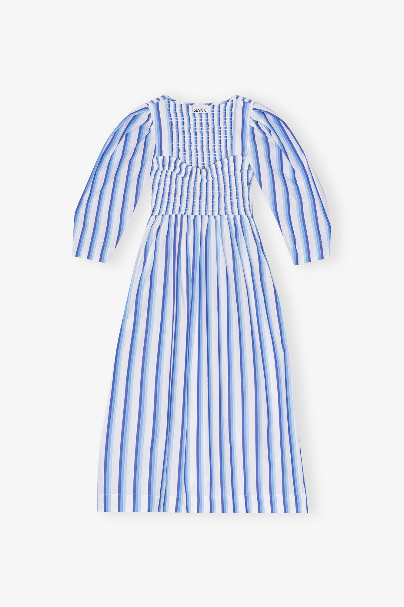 Blue Striped Cotton Smock Long Dress, Organic Cotton, in colour Silver Lake Blue - 1 - GANNI